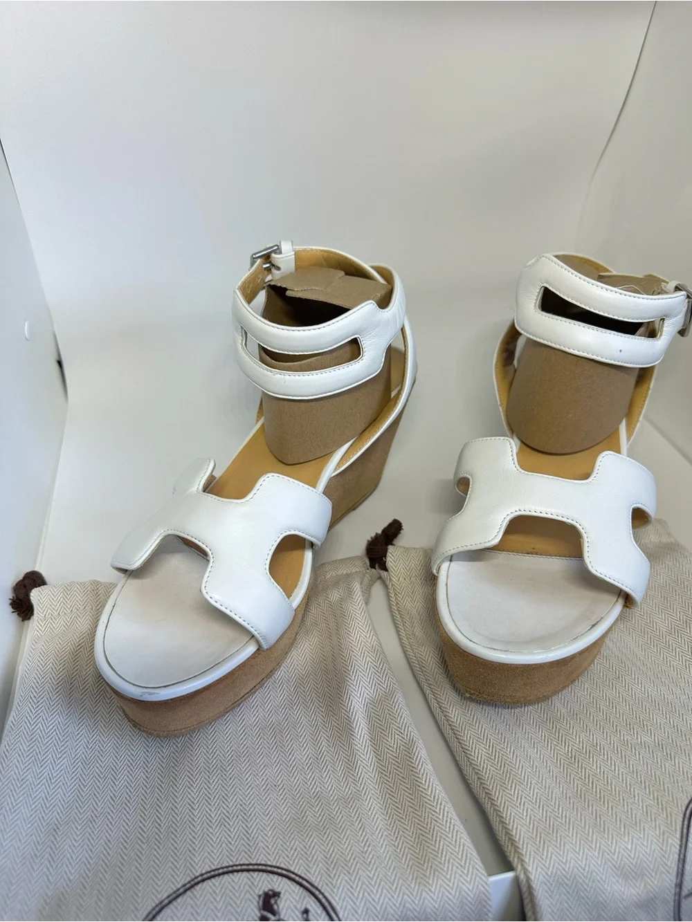 Hermes White Leather Platform Sandals